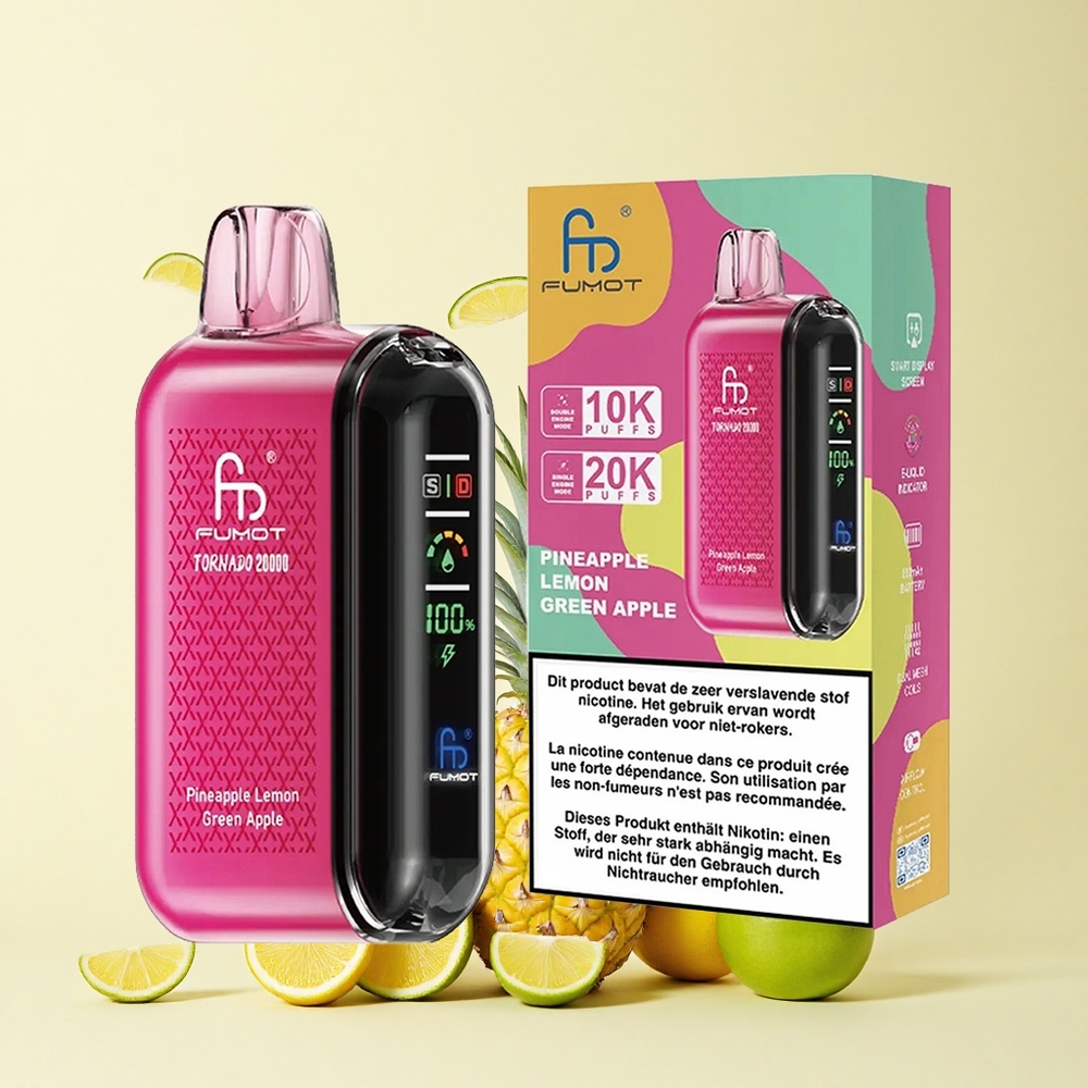 Fumot Tornado 20000 Puffs أناناس ليمون تفاح أخضر مع بطارية قابلة للشحن وشاشة ذكية
