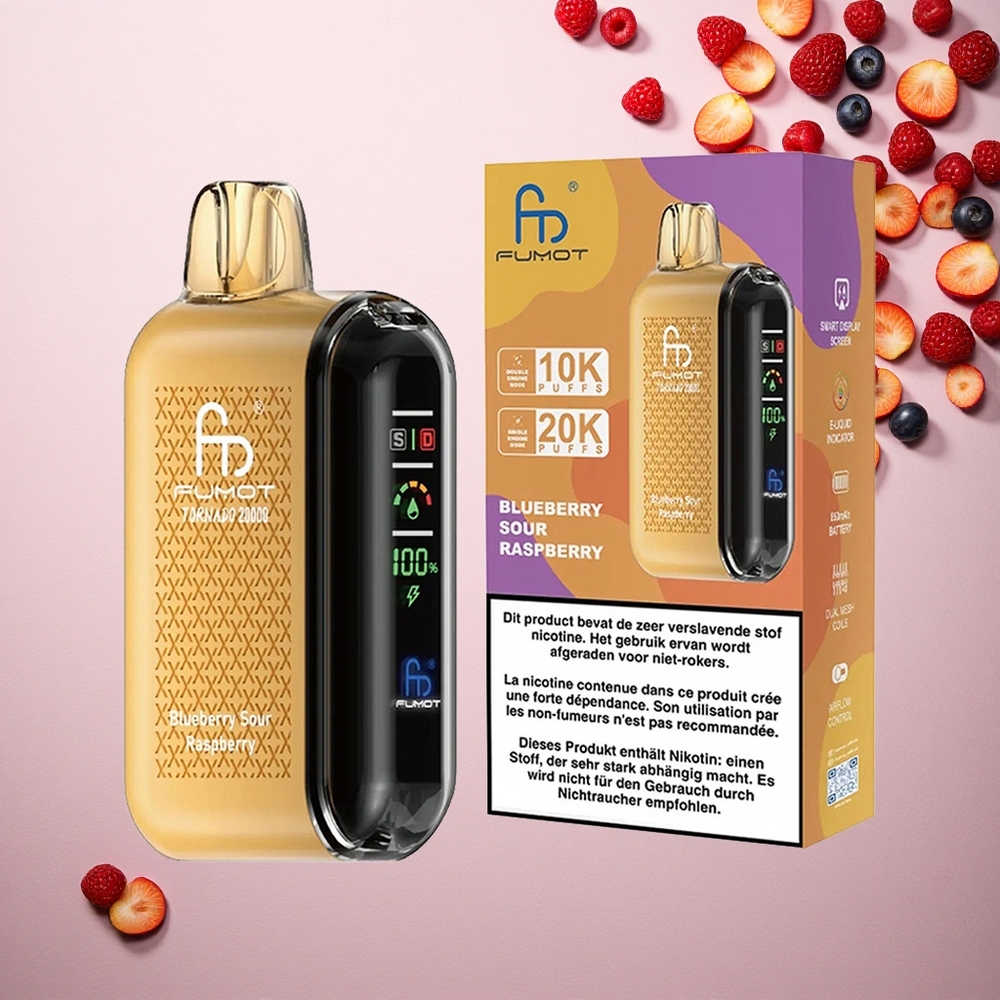 Fumot Tornado 20000 Puffs توت أزرق حامض التوت الأحمر بشاشة ذكية وبطارية قابلة للشحن