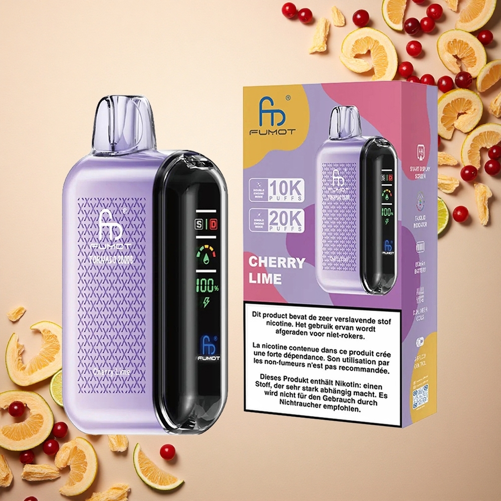 Fumot Tornado 20000 Puffs كرز ليمون مع بطارية قابلة للشحن وشاشة ذكية