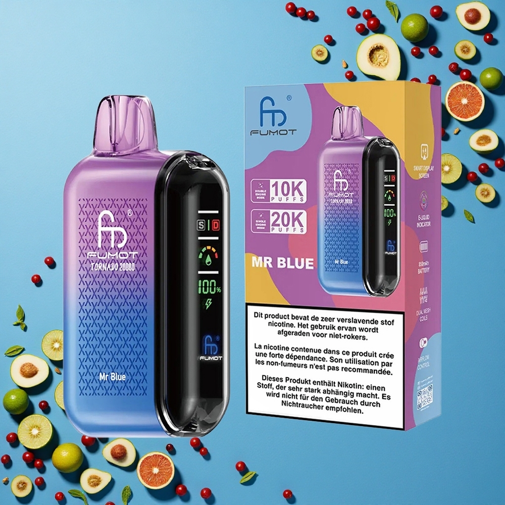 Fumot Tornado 20000 Puffs السيد الأزرق مع ملف مزدوج وعرض ذكي