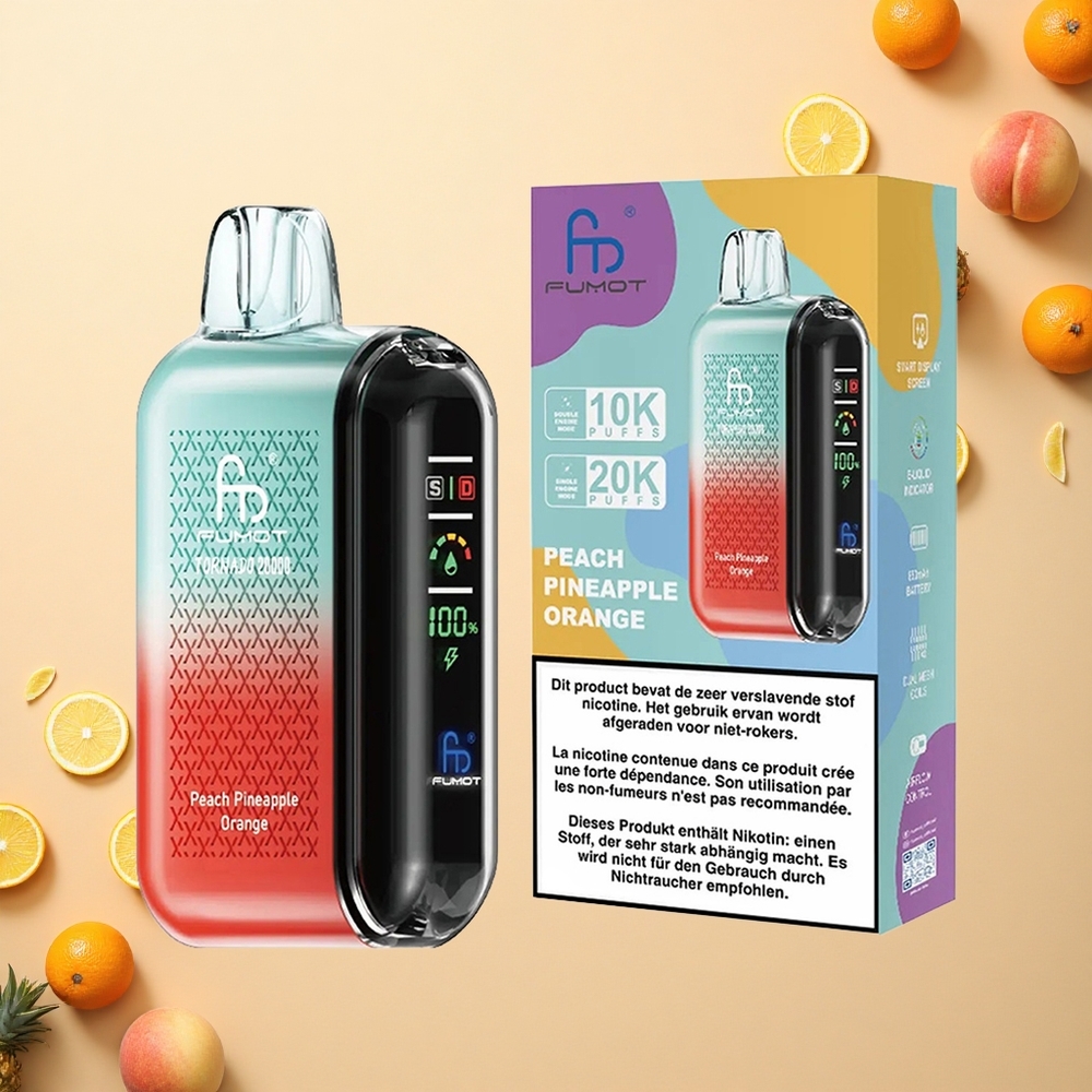 Fumot Tornado 20000 Puffs خوخ أناناس برتقال مع بطارية قابلة للشحن وملف مزدوج
