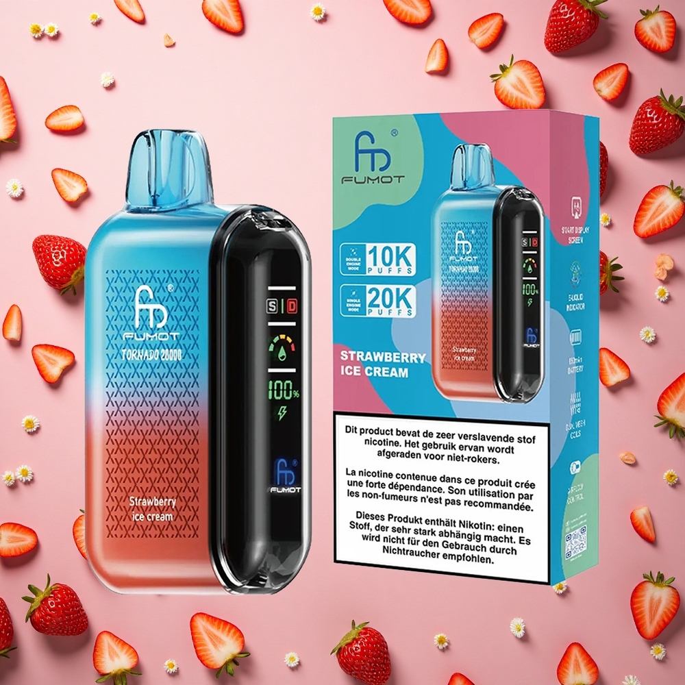Fumot Tornado 20000 Puffs مثلجات الفراولة مع بطارية قابلة للشحن وشاشة ذكية