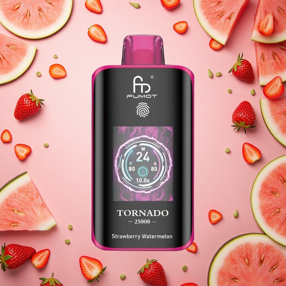 Fumot Tornado 25000 Puffs فراولة بطيخ بشاشة عالية الدقة وبطارية قابلة للشحن ومنفذ شحن نوع سي
