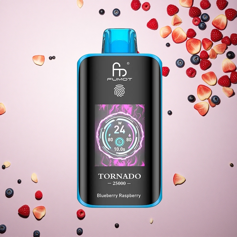 Fumot Tornado 25000 Puffs توت العليق والتوت الأزرق مع شاشة عالية الدقة وبطارية قابلة لإعادة الشحن ومنفذ شحن نوع سي