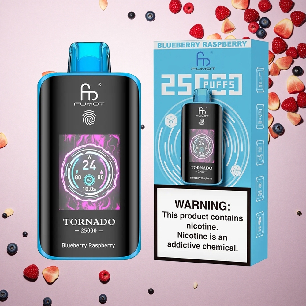 Fumot Tornado 25000 Puffs توت العليق والتوت الأزرق مع شاشة عالية الدقة وبطارية قابلة لإعادة الشحن ومنفذ شحن نوع سي