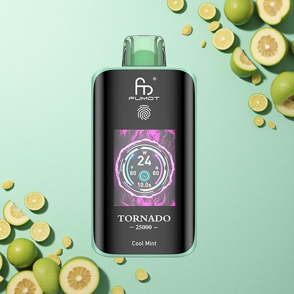 Fumot Tornado 25000 Puffs النعناع المنعش مع شاشة عالية الدقة وبطارية قابلة للشحن ومنفذ شحن نوع سي