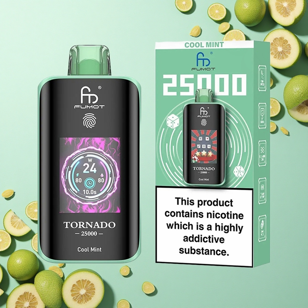 Fumot Tornado 25000 Puffs النعناع المنعش مع شاشة عالية الدقة وبطارية قابلة للشحن ومنفذ شحن نوع سي