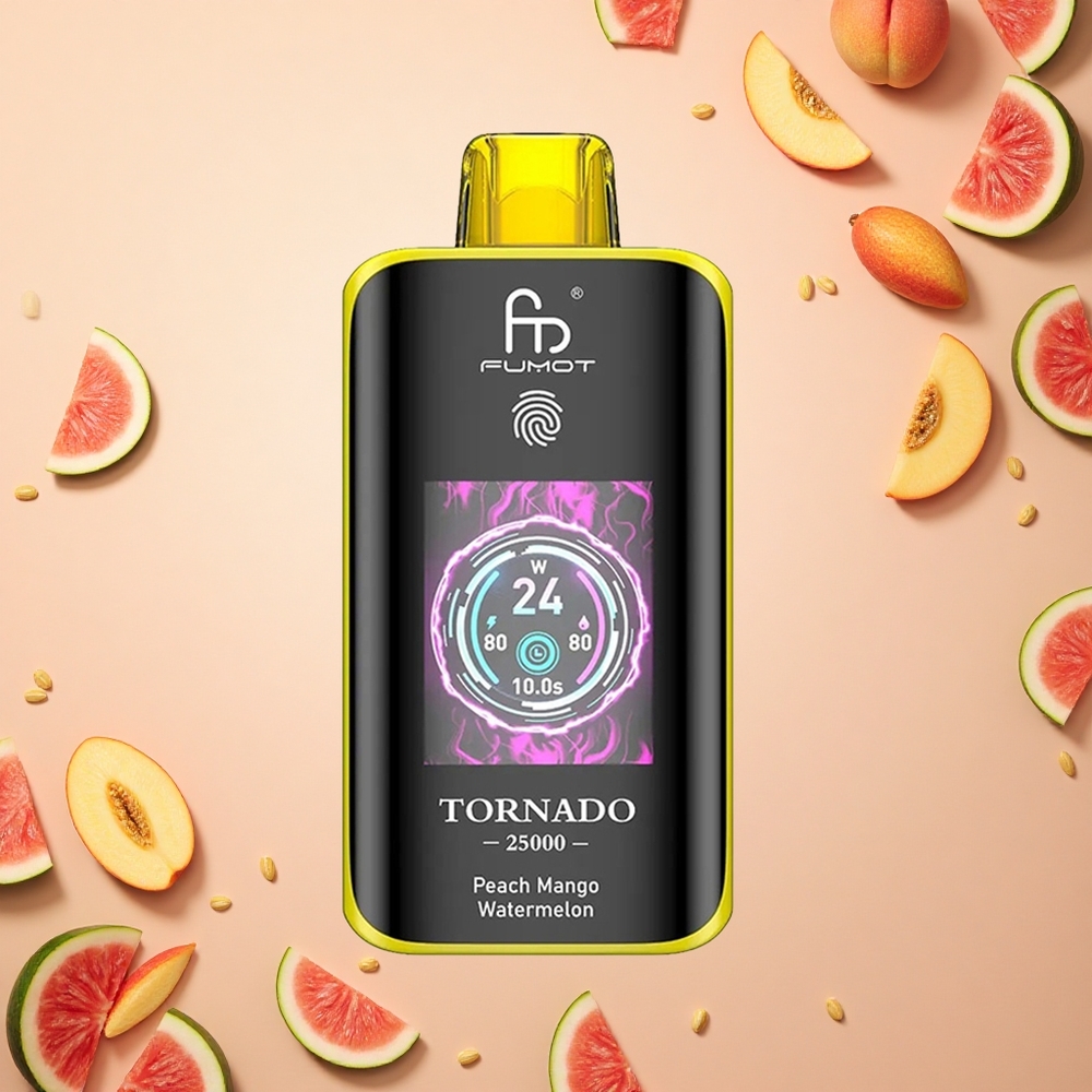 Fumot Tornado 25000 Puffs خوخ مانجو بطيخ بشاشة عالية الدقة وبطارية قابلة للشحن