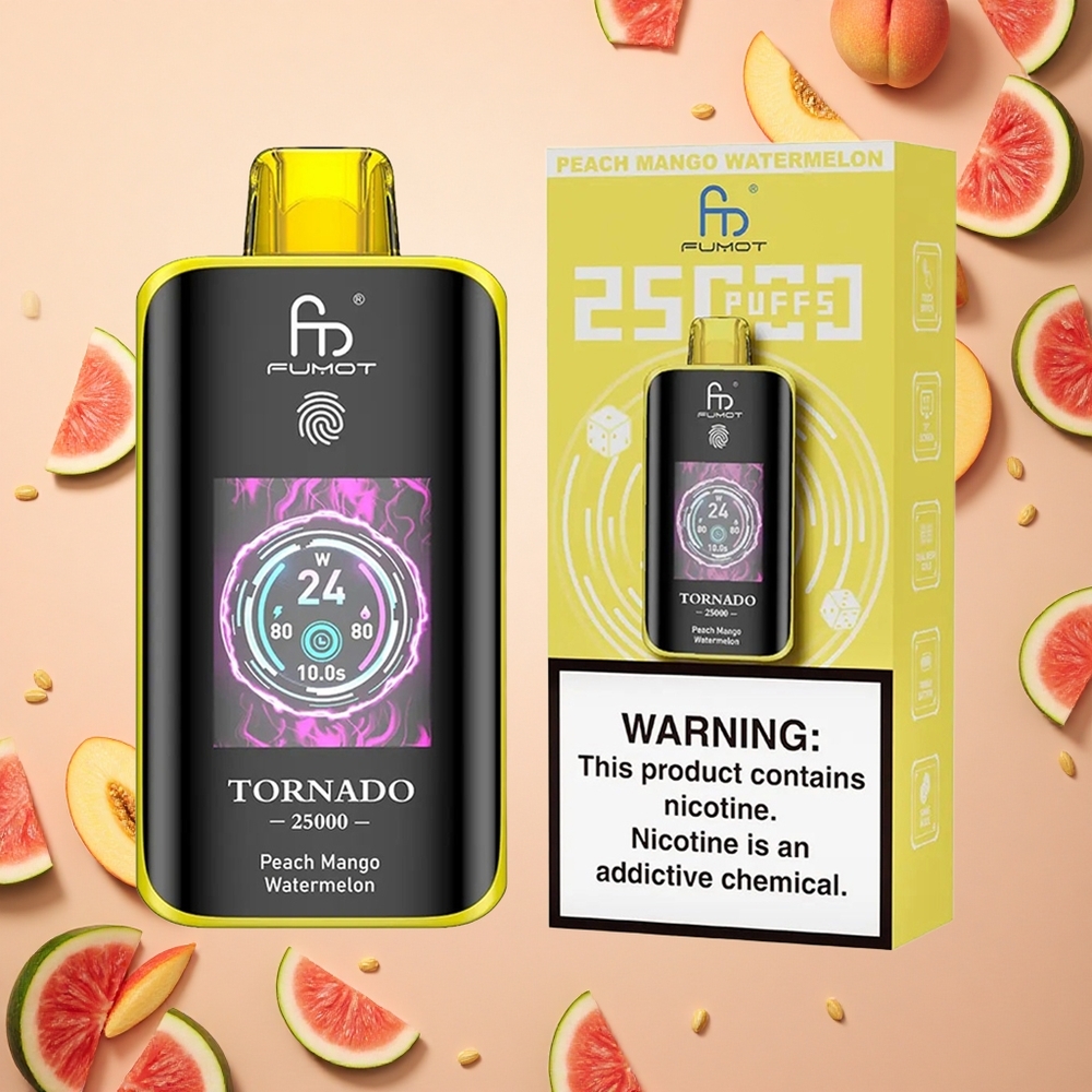 Fumot Tornado 25000 Puffs خوخ مانجو بطيخ بشاشة عالية الدقة وبطارية قابلة للشحن