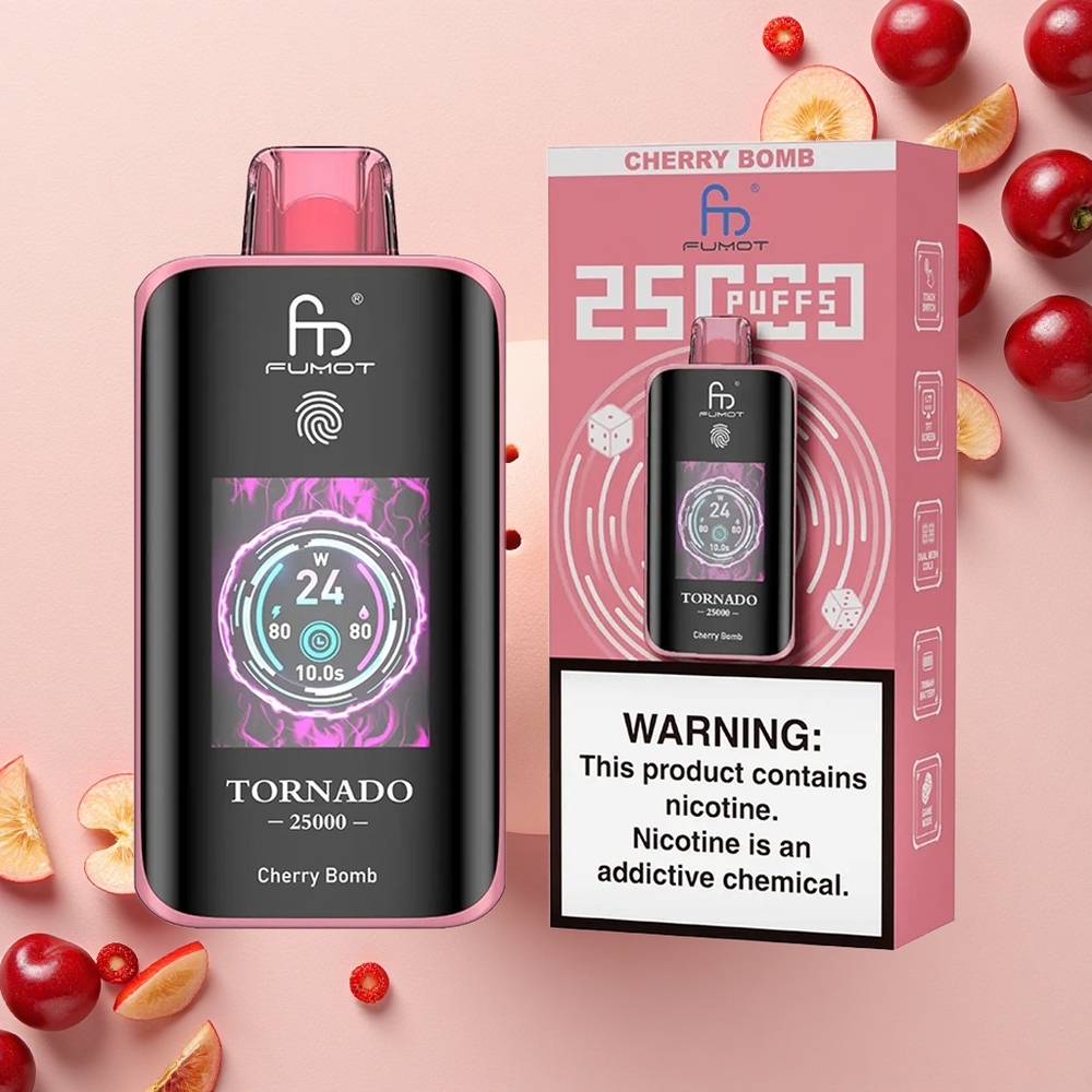 Fumot Tornado 25000 Puffs قنبلة الكرز مع شاشة عالية الدقة وبطارية قابلة لإعادة الشحن