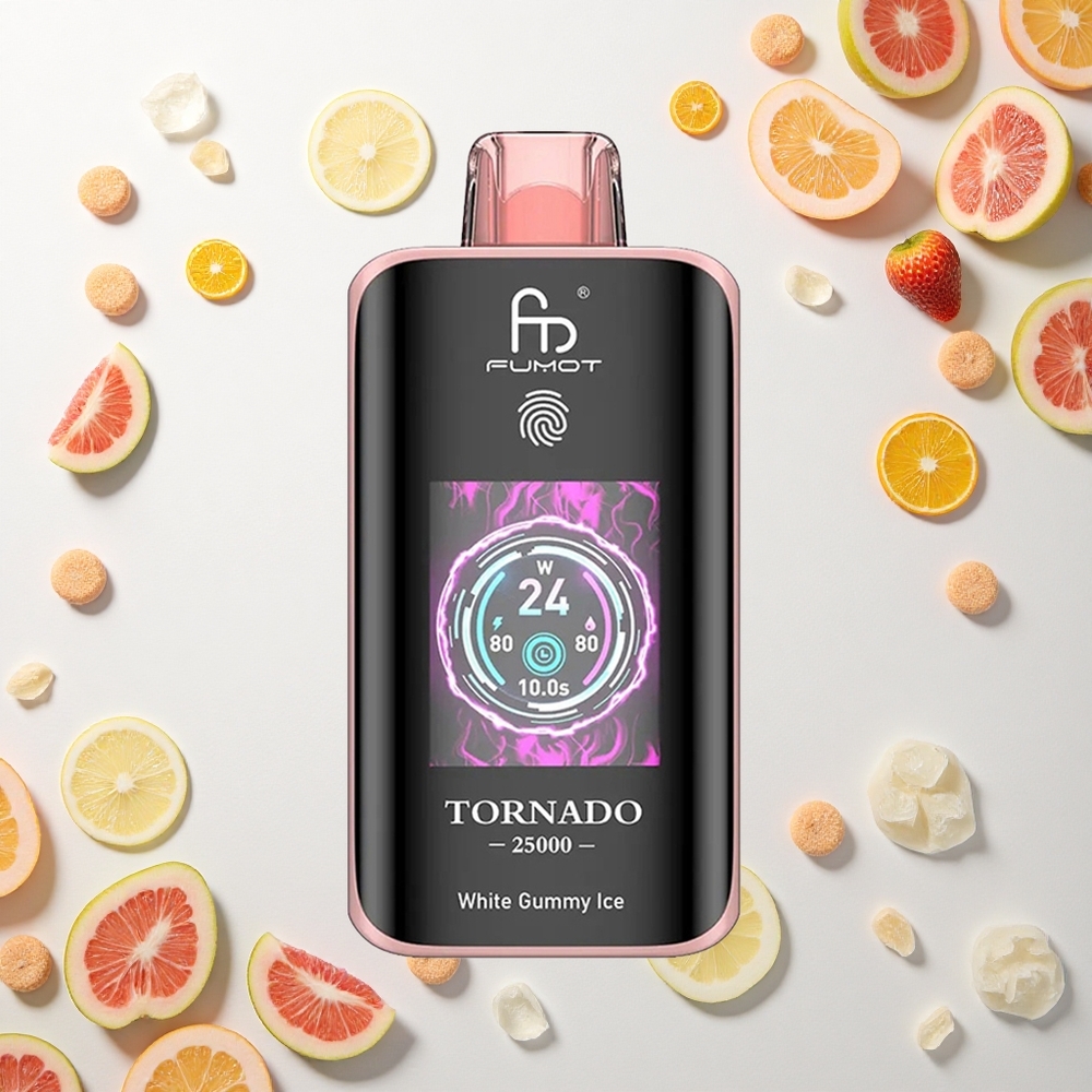 Fumot Tornado 25000 Puffs علكة بيضاء مثلجة بشاشة عالية الدقة وبطارية قابلة للشحن