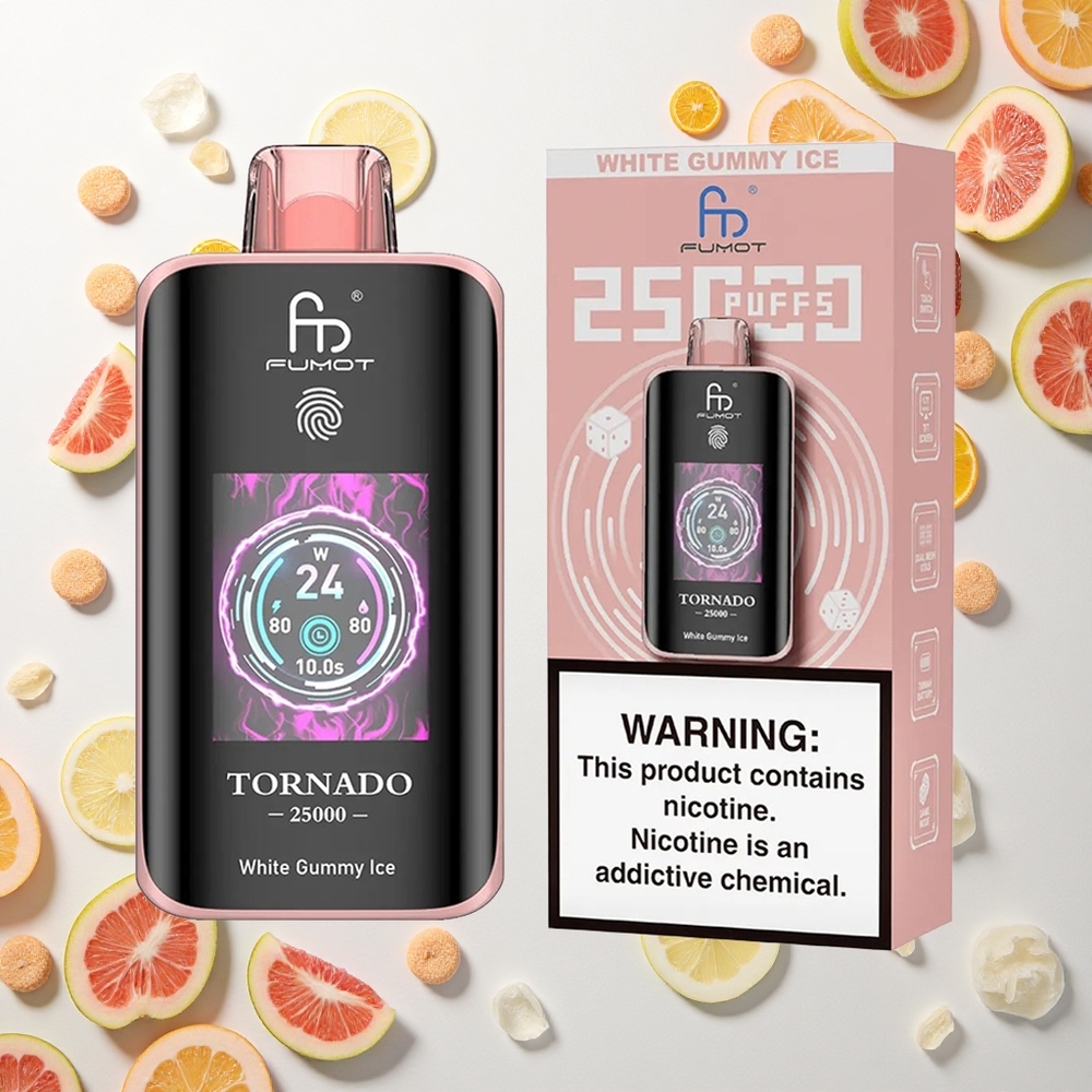 Fumot Tornado 25000 Puffs علكة بيضاء مثلجة بشاشة عالية الدقة وبطارية قابلة للشحن