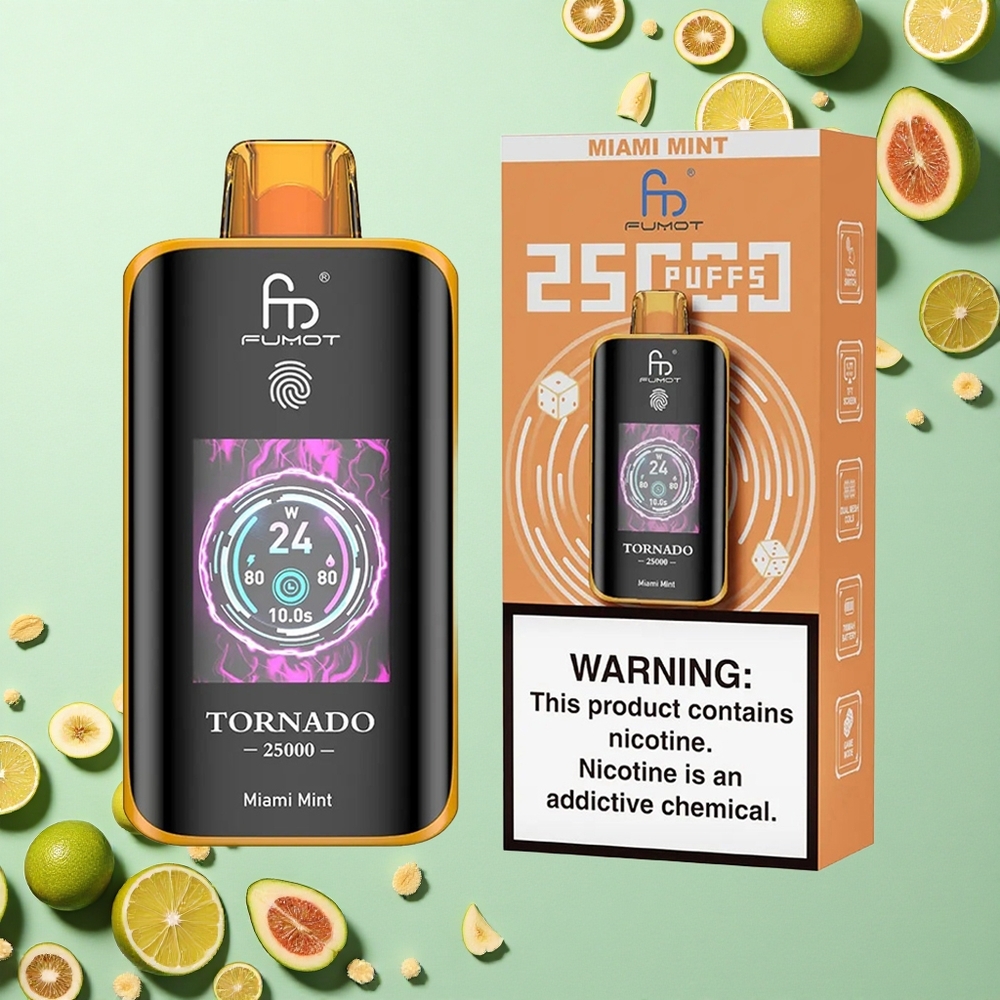 Fumot Tornado 25000 Puffs نعنعة ميامي بشاشة عالية الدقة وبطارية قابلة للشحن