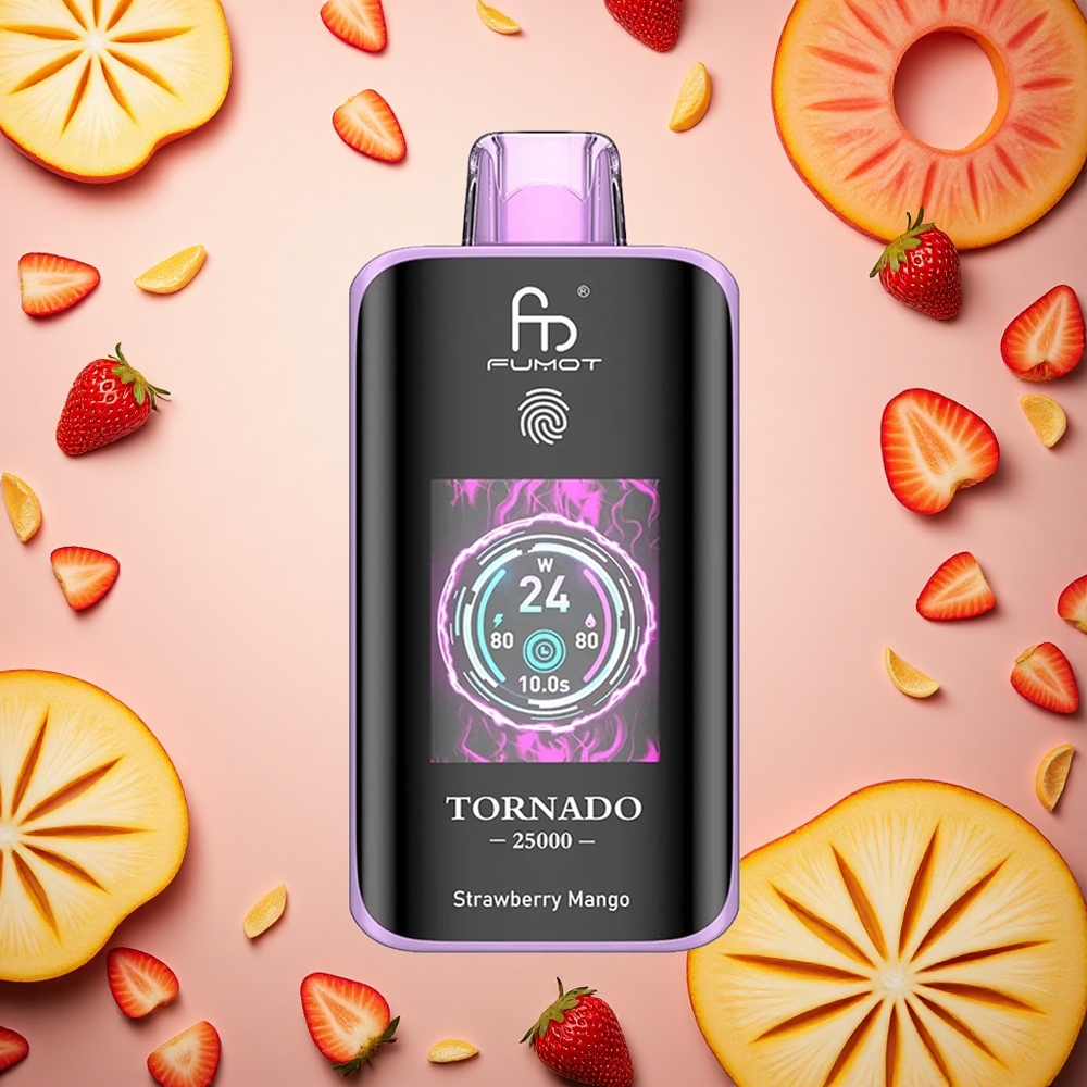 Fumot Tornado 25000 Puffs فراولة مانجو شاشة عالية الدقة وبطارية قابلة للشحن ومنفذ شحن نوع سي