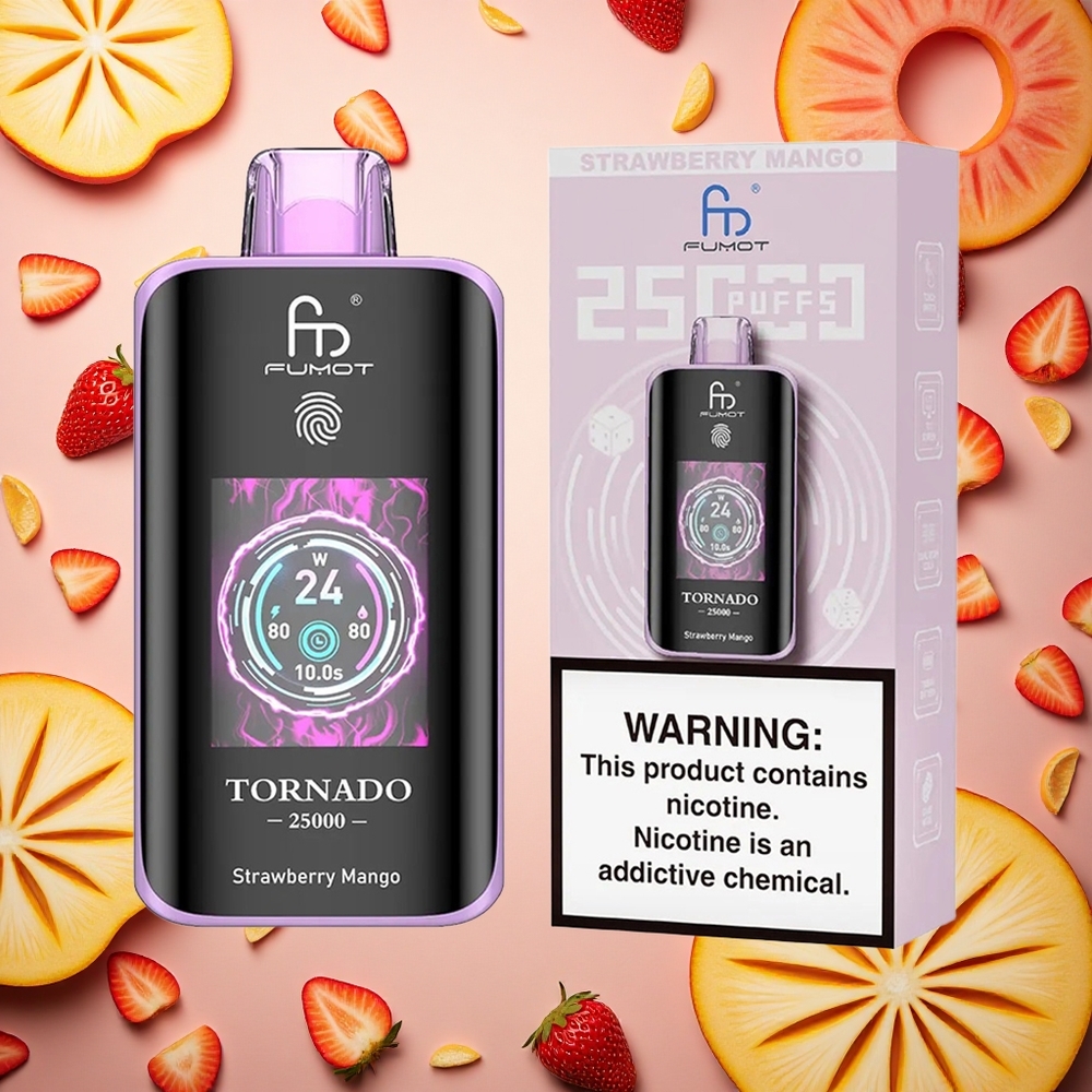 Fumot Tornado 25000 Puffs فراولة مانجو شاشة عالية الدقة وبطارية قابلة للشحن ومنفذ شحن نوع سي
