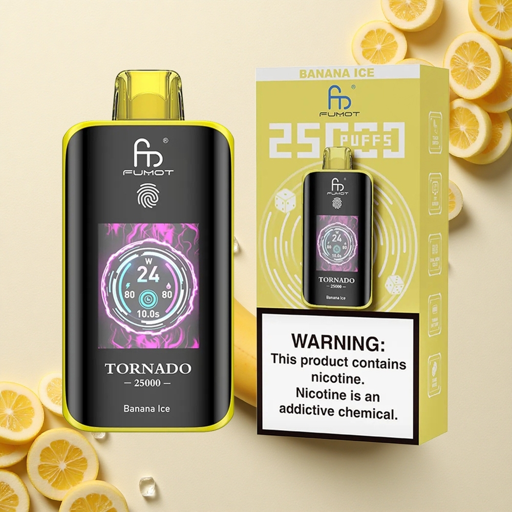 Fumot Tornado 25000 Puffs موز جليد مع شاشة عالية الدقة وبطارية قابلة لإعادة الشحن