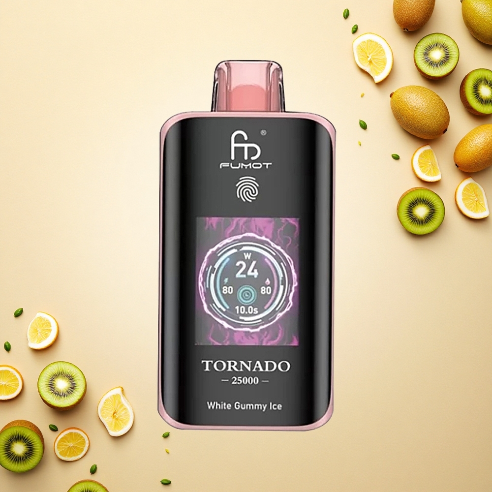 Fumot Tornado 25000 Puffs كيوي فاكهة العاطفة جوافة مع شاشة عالية الدقة وبطارية قابلة للشحن ومنفذ شحن نوع سي
