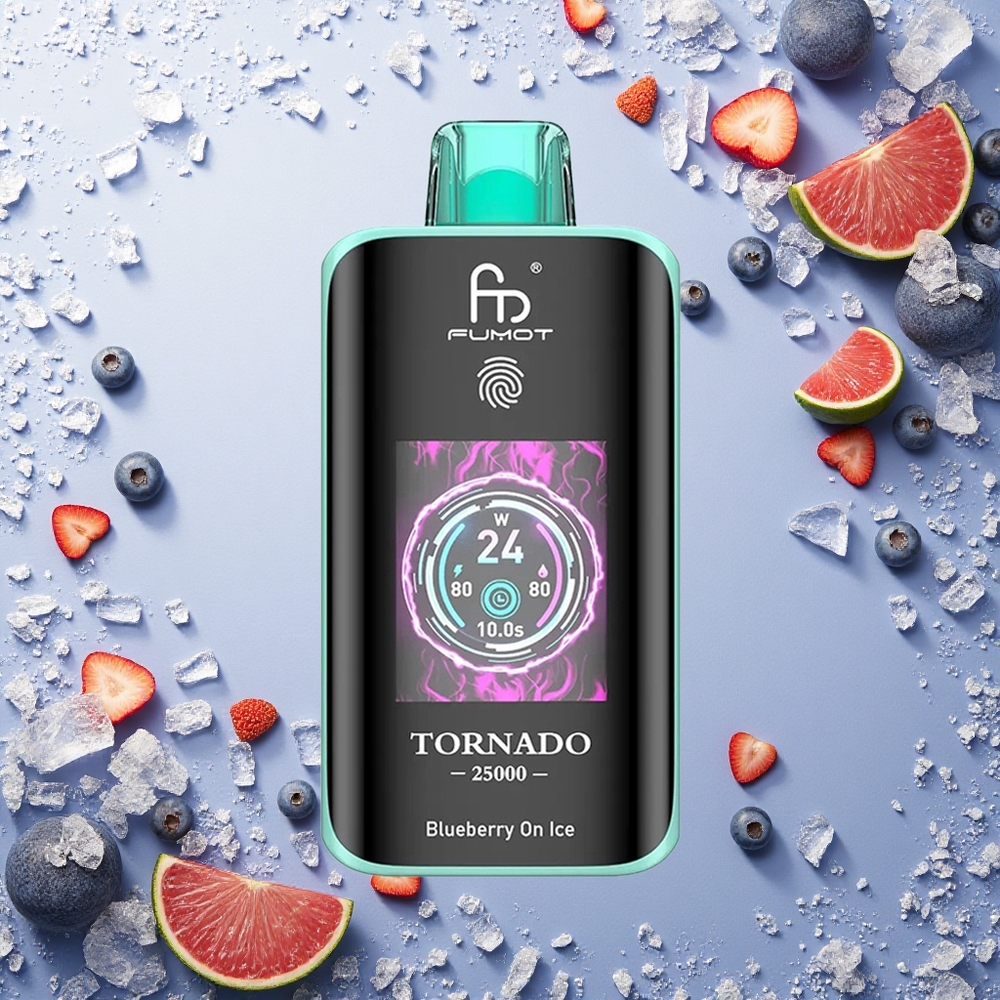 Fumot Tornado 25000 Puffs توت أزرق على الثلج مع شاشة عالية الدقة وبطارية قابلة للشحن
