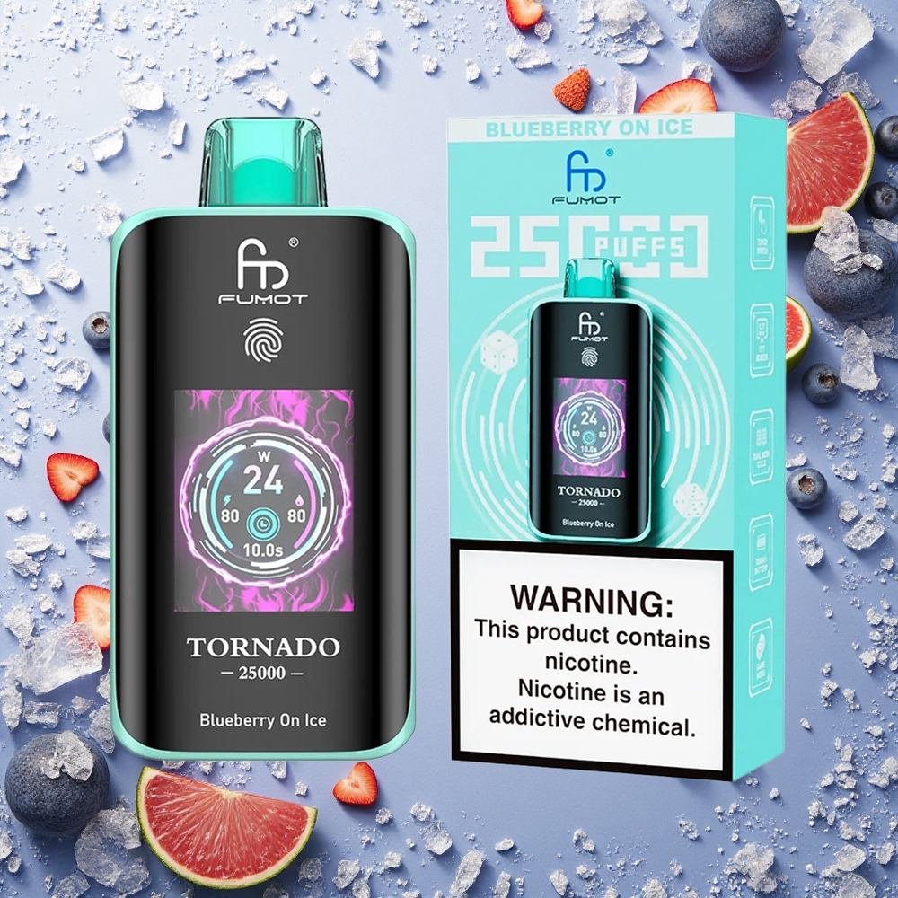 Fumot Tornado 25000 Puffs توت أزرق على الثلج مع شاشة عالية الدقة وبطارية قابلة للشحن
