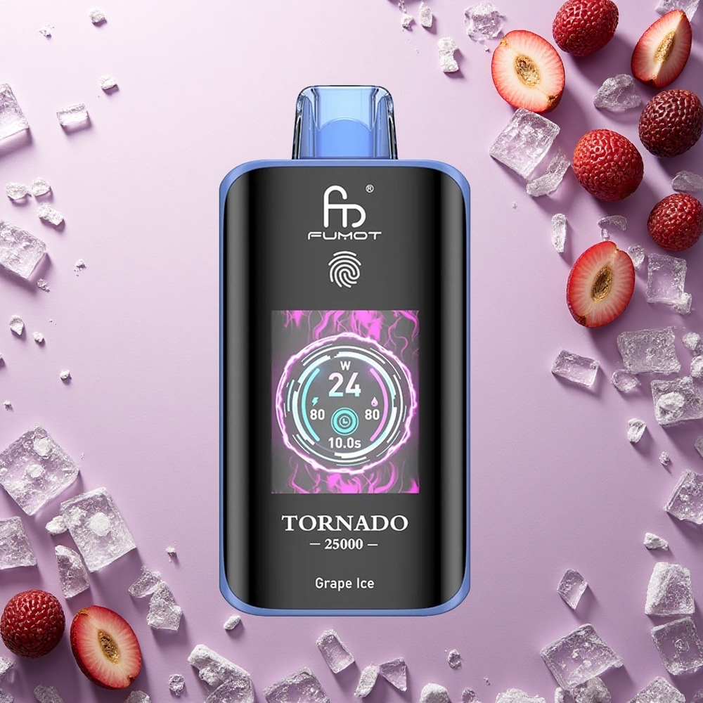 Fumot Tornado 25000 Puffs عنب جليد مع شاشة عالية الدقة وبطارية قابلة للشحن