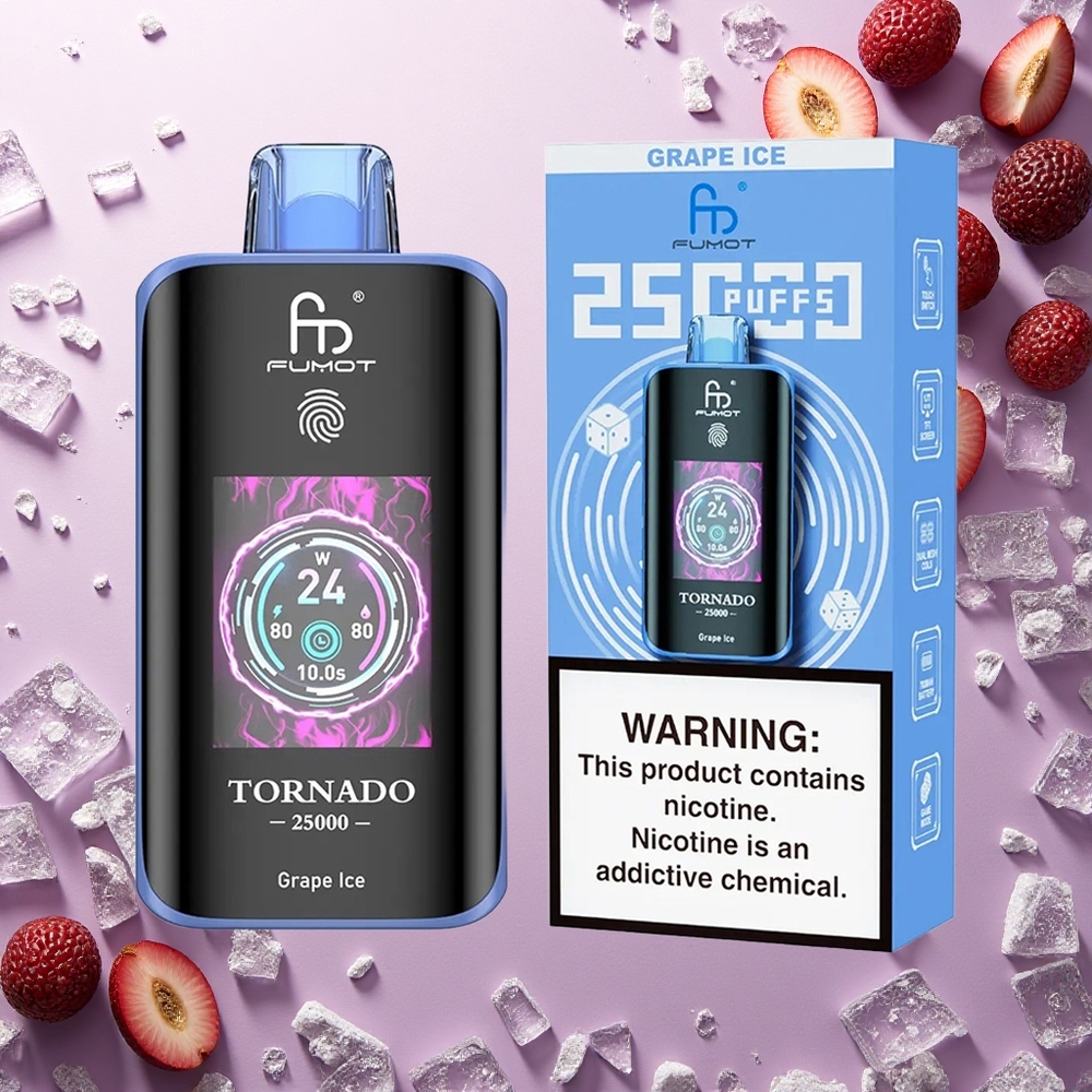 Fumot Tornado 25000 Puffs عنب جليد مع شاشة عالية الدقة وبطارية قابلة للشحن