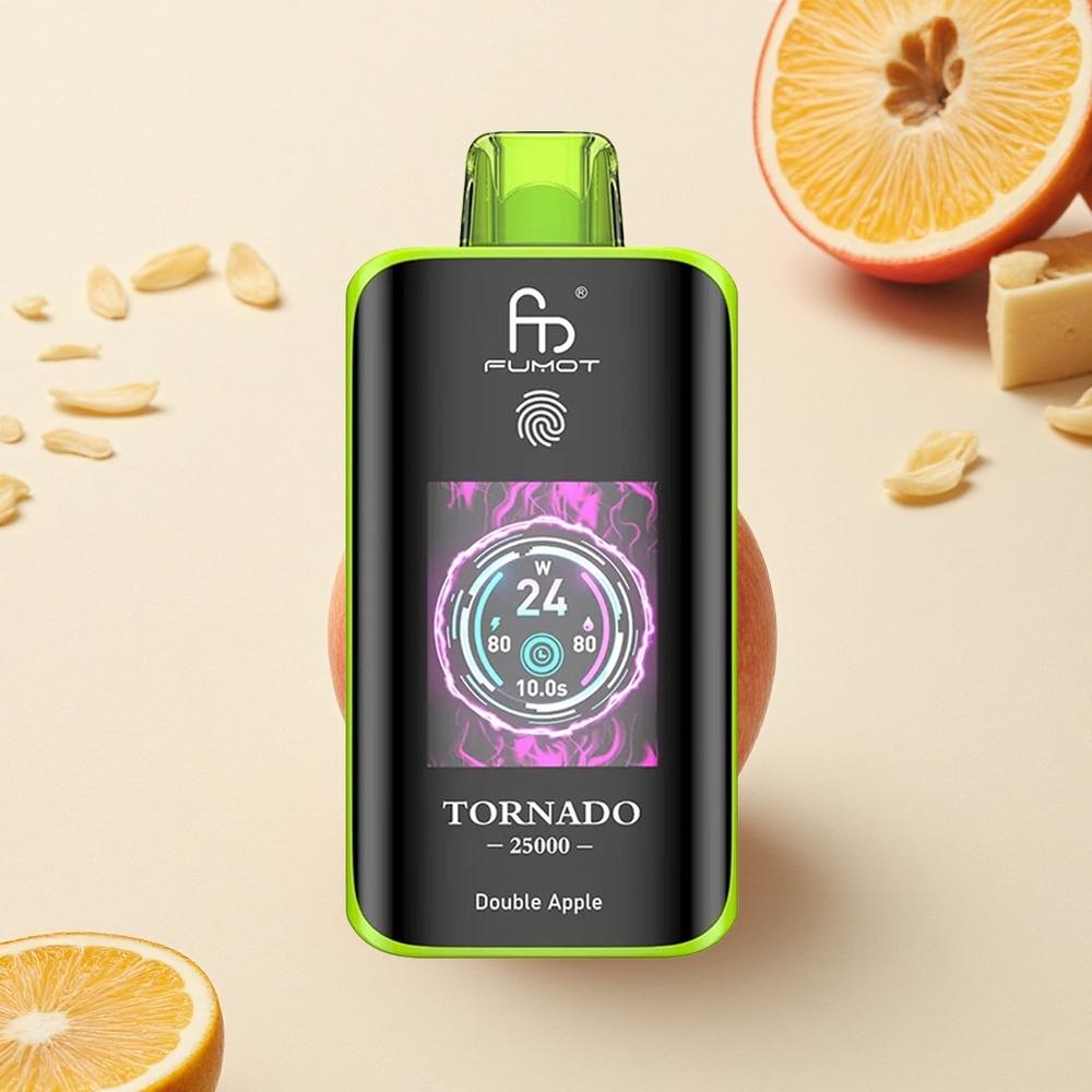 Fumot Tornado 25000 Puffs تفاحتين مزدوجتين مع شاشة عالية الدقة وبطارية قابلة للشحن ومنفذ شحن نوع سي