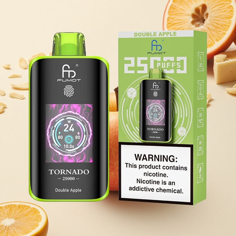 Fumot Tornado 25000 Puffs تفاحتين مزدوجتين مع شاشة عالية الدقة وبطارية قابلة للشحن ومنفذ شحن نوع سي