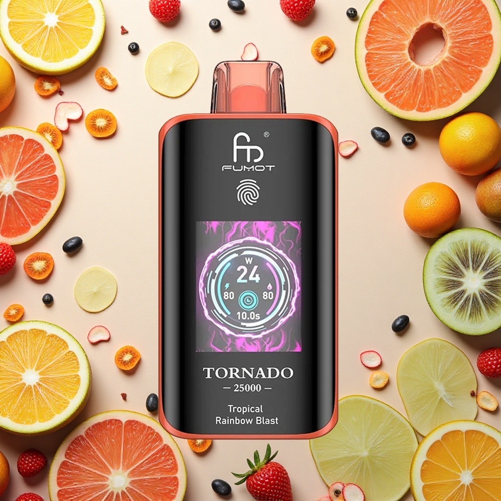 Fumot Tornado 25000 Puffs انفجار قوس قزح الاستوائي مع شاشة عالية الدقة وبطارية قابلة لإعادة الشحن ومنفذ شحن نوع-C