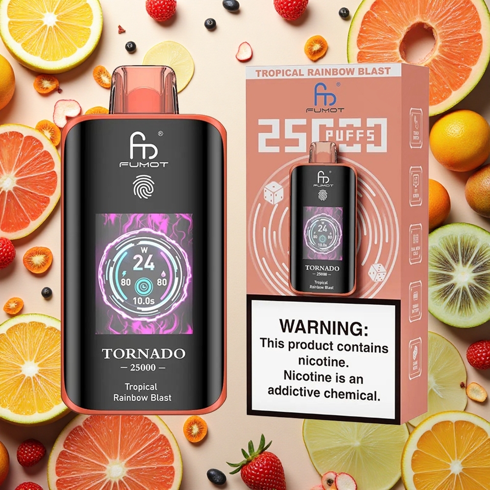 Fumot Tornado 25000 Puffs انفجار قوس قزح الاستوائي مع شاشة عالية الدقة وبطارية قابلة لإعادة الشحن ومنفذ شحن نوع-C