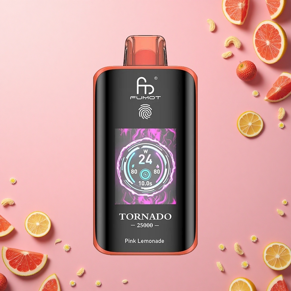 Fumot Tornado 25000 Puffs ليموناضة زهرية مع شاشة عالية الدقة وبطارية قابلة للشحن ومنفذ شحن Type-C