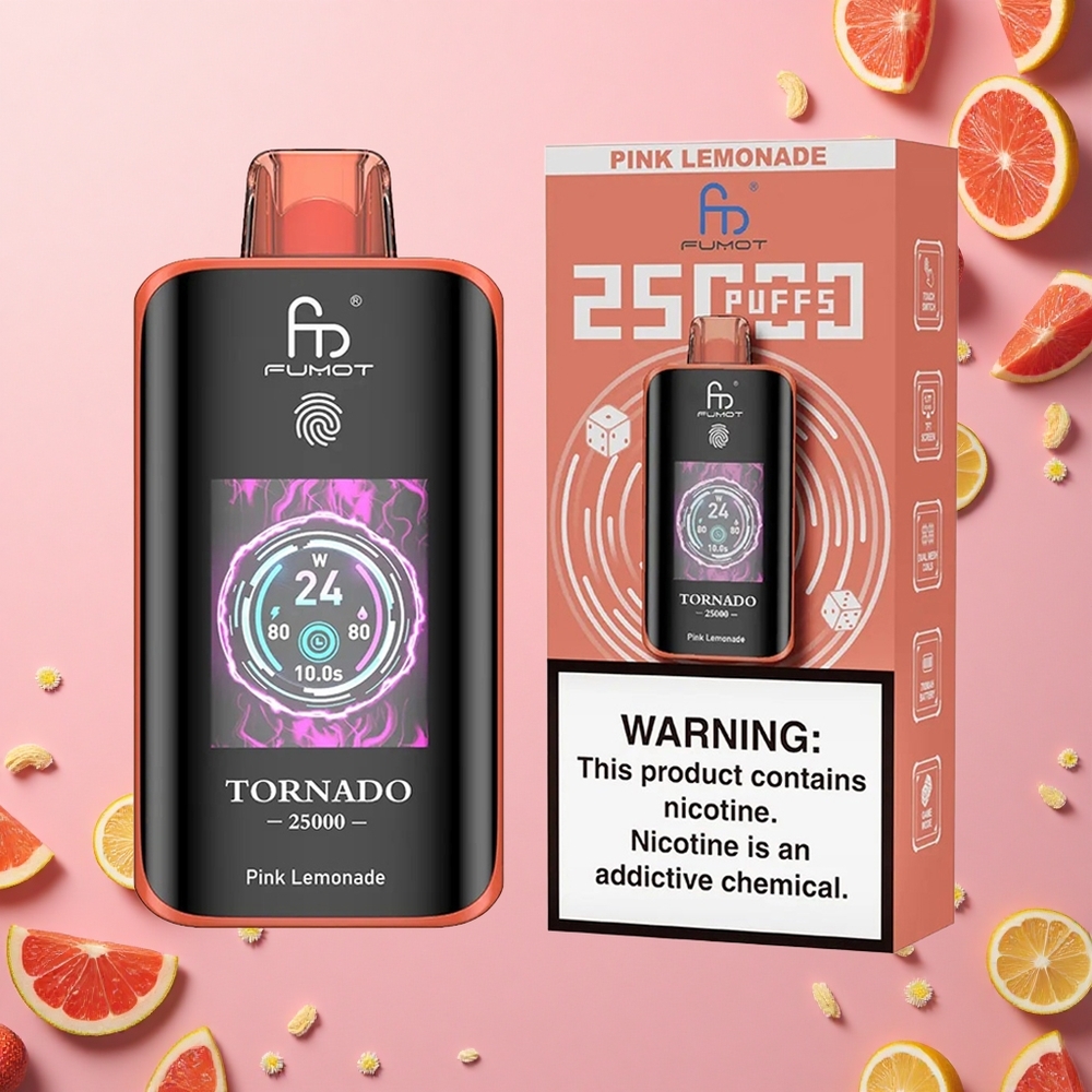 Fumot Tornado 25000 Puffs ليموناضة زهرية مع شاشة عالية الدقة وبطارية قابلة للشحن ومنفذ شحن Type-C