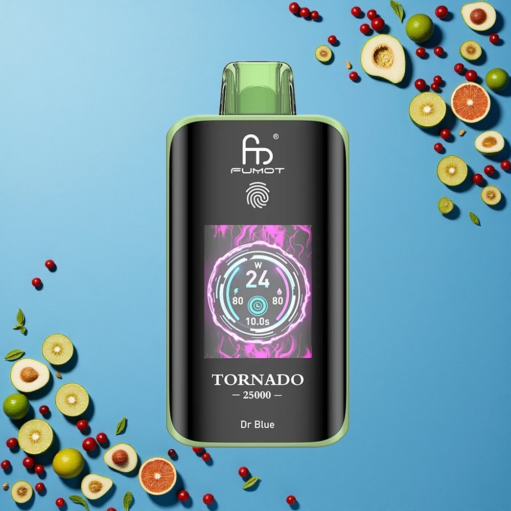 Fumot Tornado 25000 Puffs الدكتور الأزرق مع شاشة عالية الدقة وبطارية قابلة للشحن ومنفذ شحن Type-C