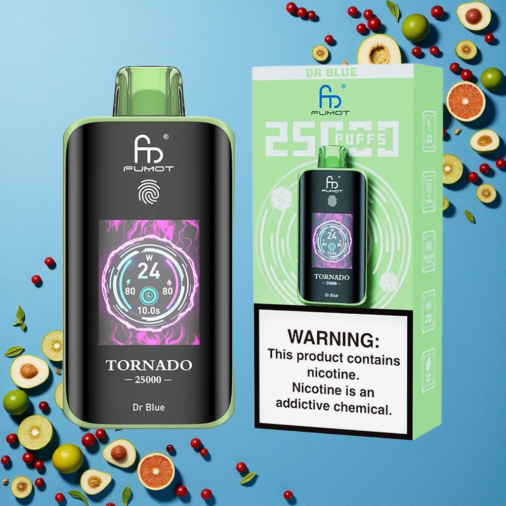 Fumot Tornado 25000 Puffs الدكتور الأزرق مع شاشة عالية الدقة وبطارية قابلة للشحن ومنفذ شحن Type-C
