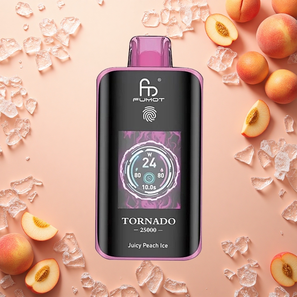 Fumot Tornado 25000 Puffs عصير الخوخ الجليدي بشاشة عالية الدقة وبطارية قابلة لإعادة الشحن ومنفذ شحن Type-C