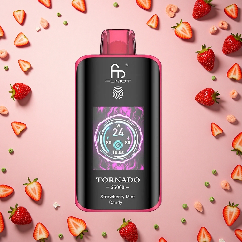 Fumot Tornado 25000 Puffs حلوى النعناع بالفراولة مع شاشة عالية الدقة وبطارية قابلة للشحن ومنفذ شحن Type-C