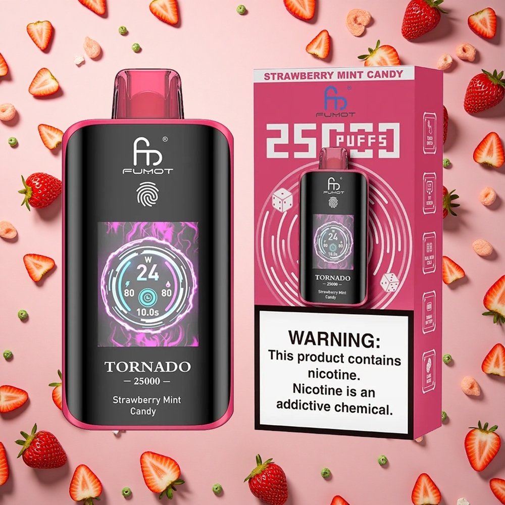 Fumot Tornado 25000 Puffs حلوى النعناع بالفراولة مع شاشة عالية الدقة وبطارية قابلة للشحن ومنفذ شحن Type-C
