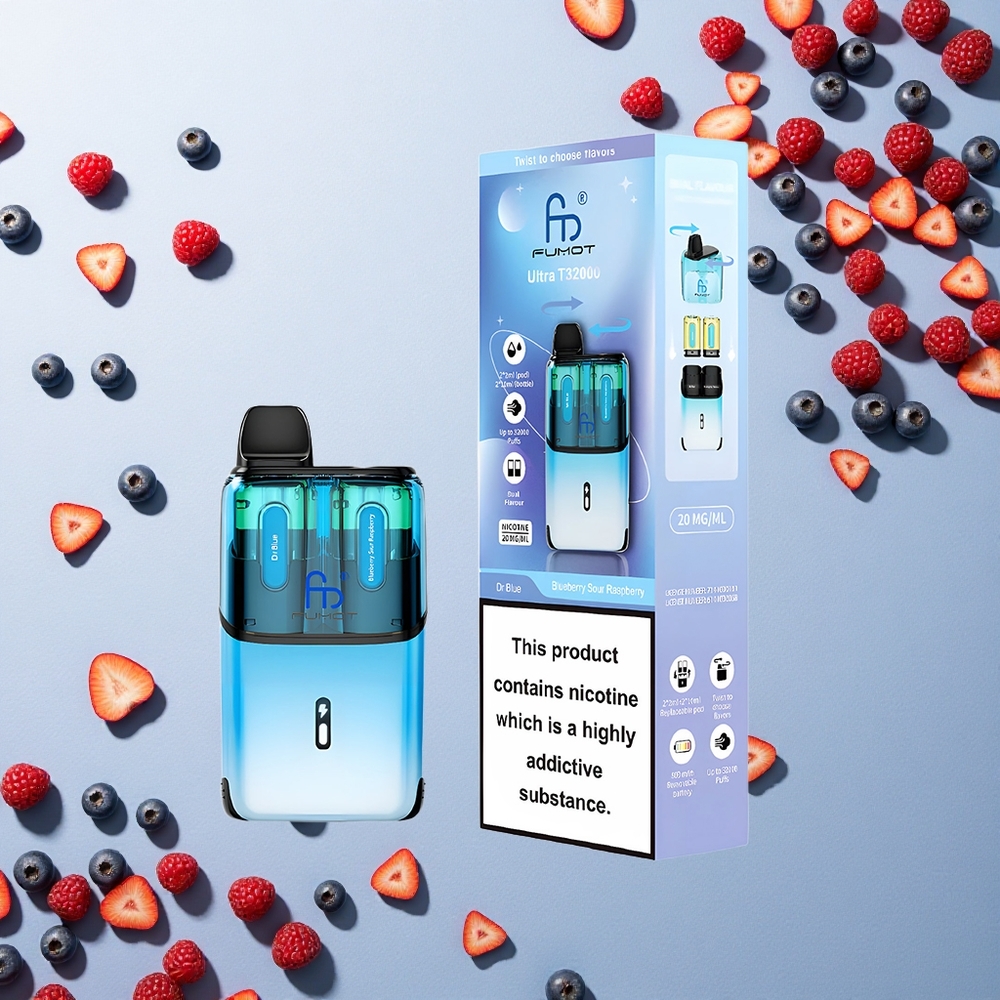 Fumot Ultra T32000 Puffs دكتور بلو - توت أزرق وتوت فراولة حامض مع شحن سريع ونيكوتين 20ملغ
