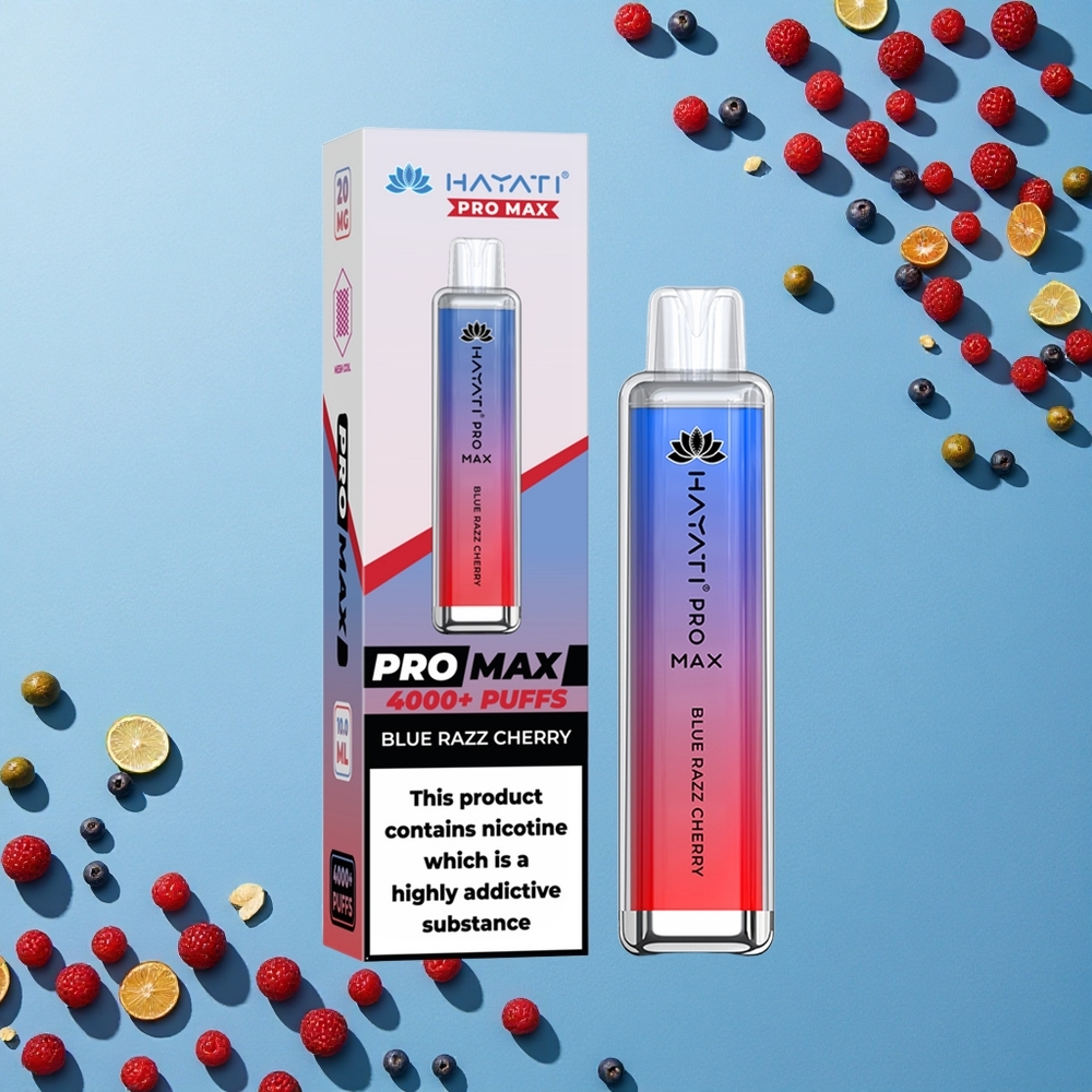 Hayati Pro Max 4000 Puffs كرز التوت الأزرق المزدوج 1.1 أوم مع بطارية قابلة لإعادة الشحن ومظهر بلوري